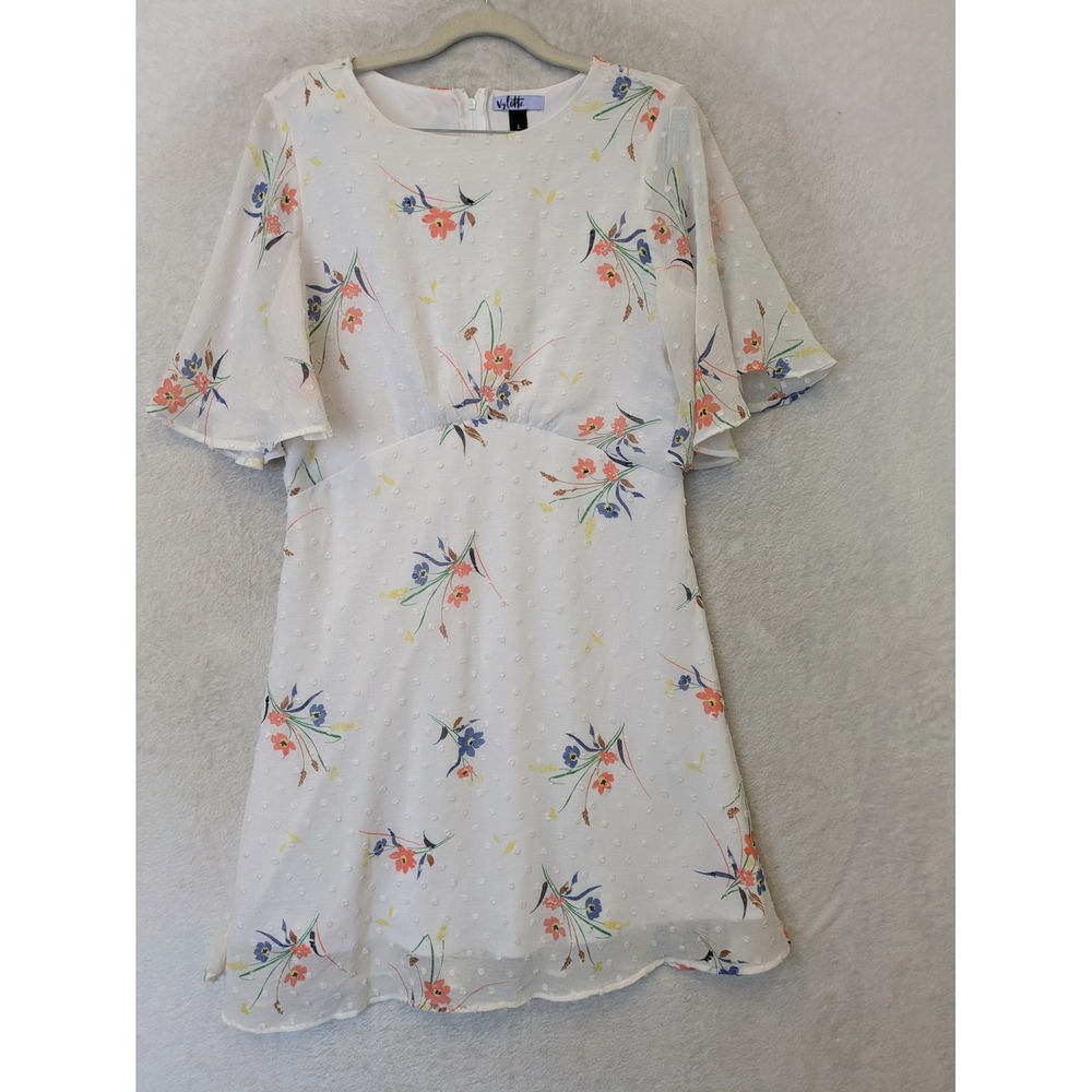 Vylette Dress Women's L White Floral Swiss Dot Flutter‎ Sleeve Mini Dress